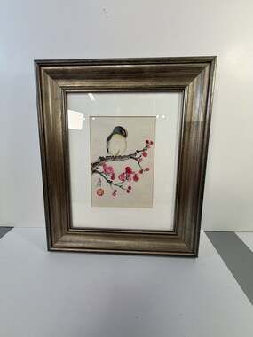 Vintage Chinese Watercolor Painting of Bird on Blossoming Plum Branch in Metalli